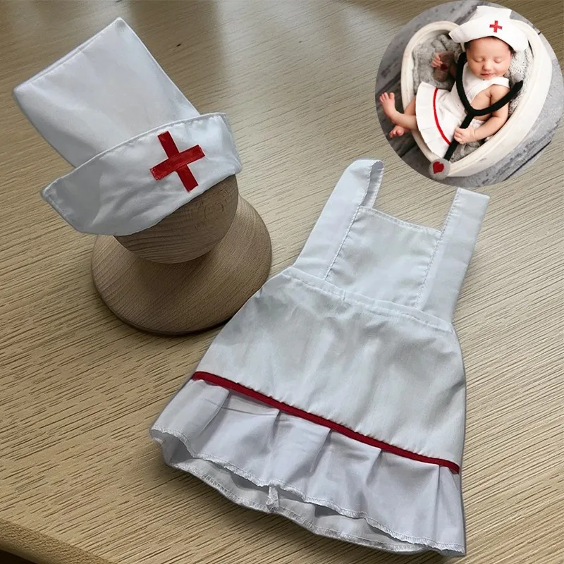 

Infants Nurse Hat Cosplay Set Newborn Photography Outfits White Nurse Hat Nurse Skirt and Stethoscope Baby Girl Photos Props