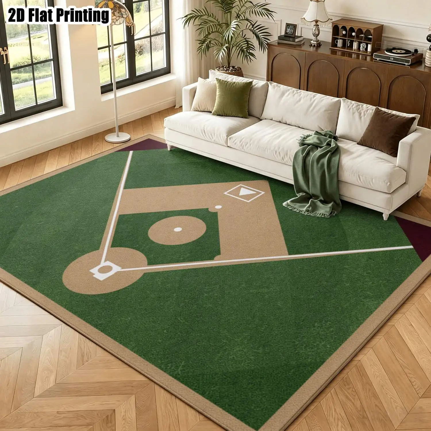 1Pc 2D Printed Carpet with Green-Brown Baseball Field Pattern Modern Simple European-Style Geometric Stripe Carpet, Machine Washable, Available in Multiple Sizes, Ideal for Home Decor in Living Room, Bedroom, Dining Room, Entryway, Study.
