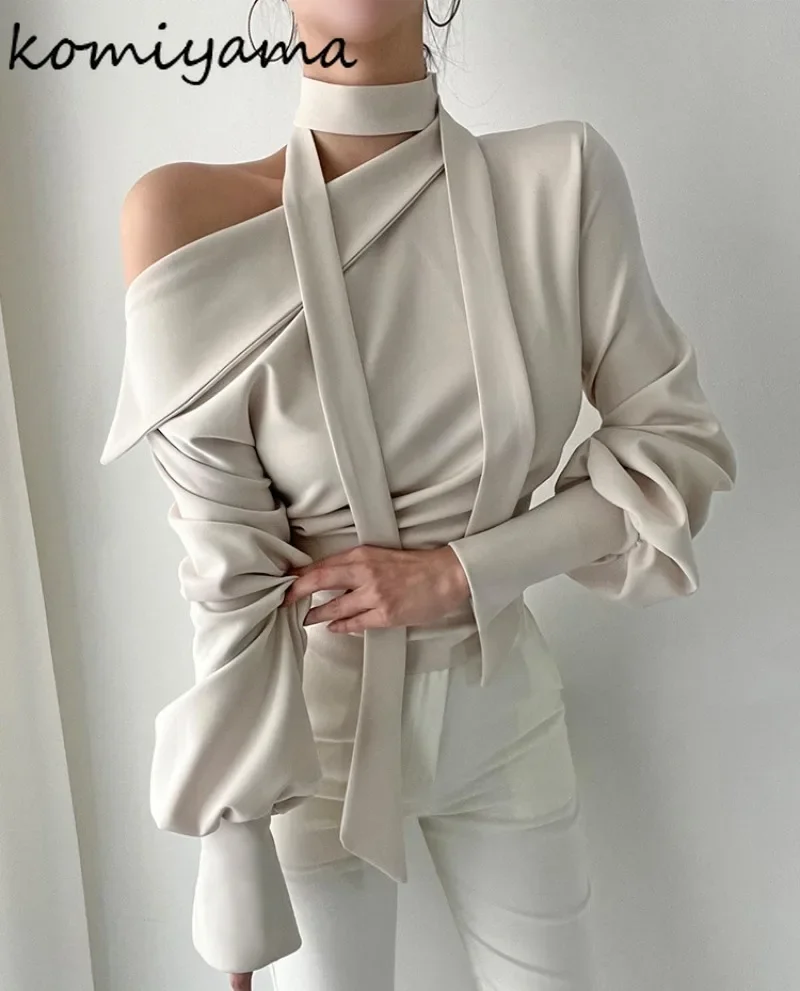 Skew Collar Halter Woman Shirts & Blouses Off Shoulder Long Sleeve Blusas Mujer 2024 Ropa Autumn New Camisas Ruched Blusa