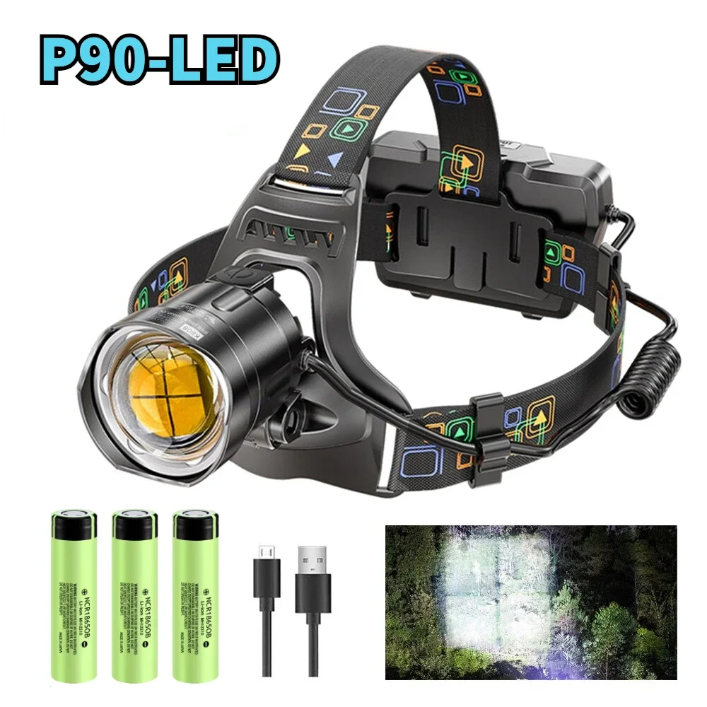 Most Powerful Rechargeable LED Headlamp XHP90 Lamp Beads Waterproof Headlight Power Display for Hunting Fishing