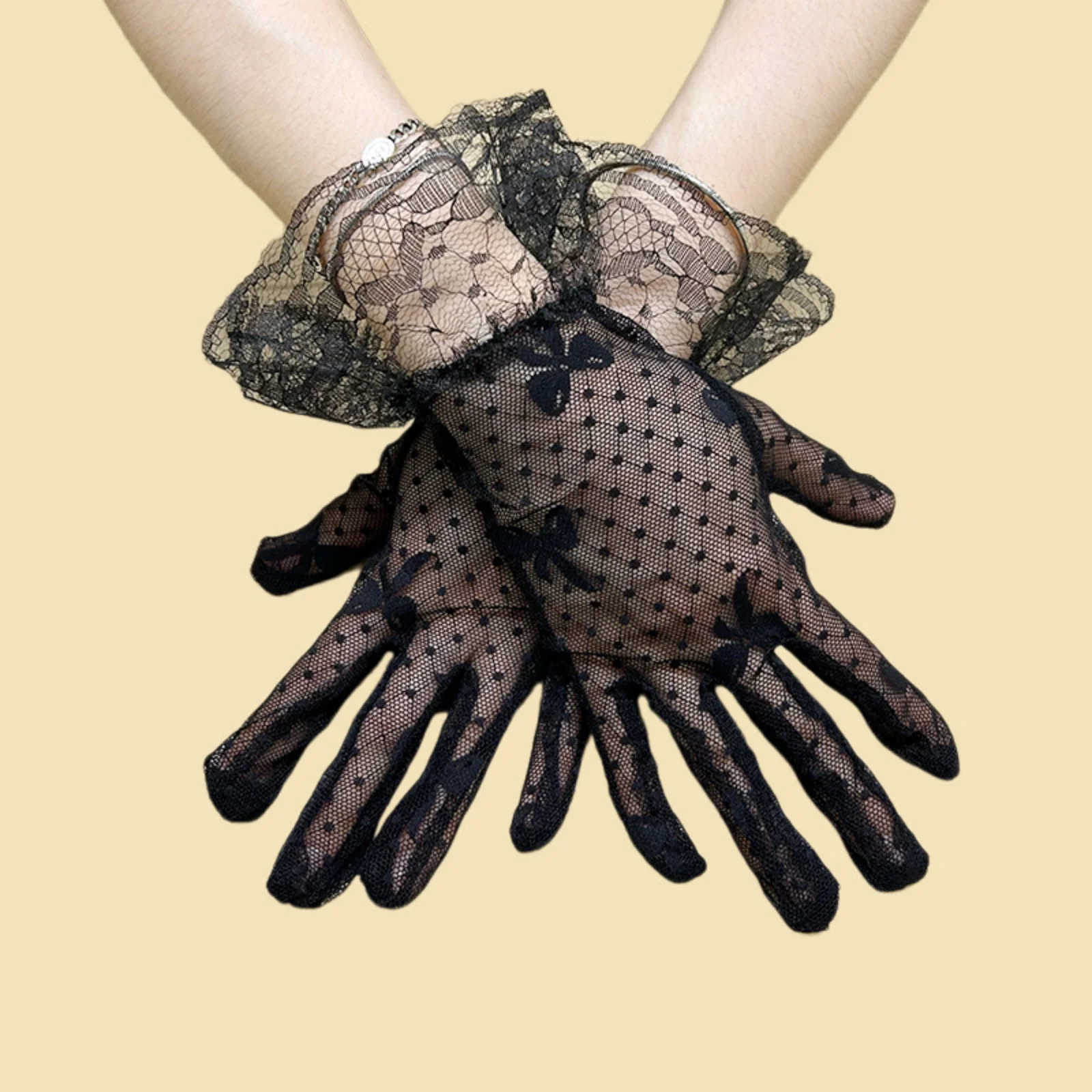 2PCS Black & White Lace Gloves Set, Sheer Polka Dot Floral Pattern Gloves, Elegant Retro-Style Formal Party Gloves For Women