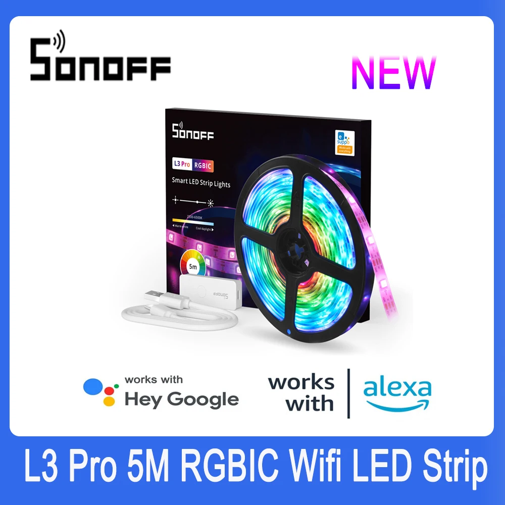 

SONOFF L3 5M Pro RGBIC Wifi Smart LED Strip Lights 16.4Ft Wireless Remote Voice/ Local Control Type C DC5V Adapter Smart Home