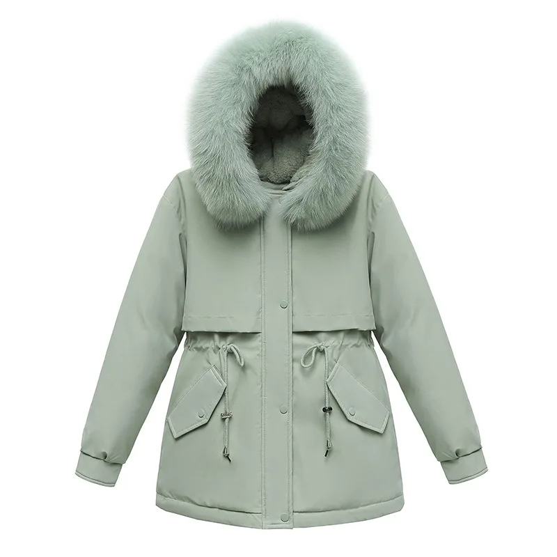 Women's Winter Warm Mid-length Cotton Coat Internet Celebrity Puffer Jacket Fleece Lining Inner Large Fur Collar Plus Size Coats
