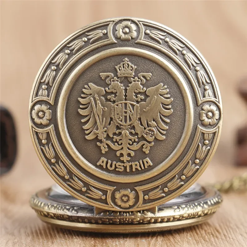 Antique Double Eagle Austria National Emblem Men Women Analog Quartz Pocket Watch Arabic Number Dial Necklace Chain Timepiece