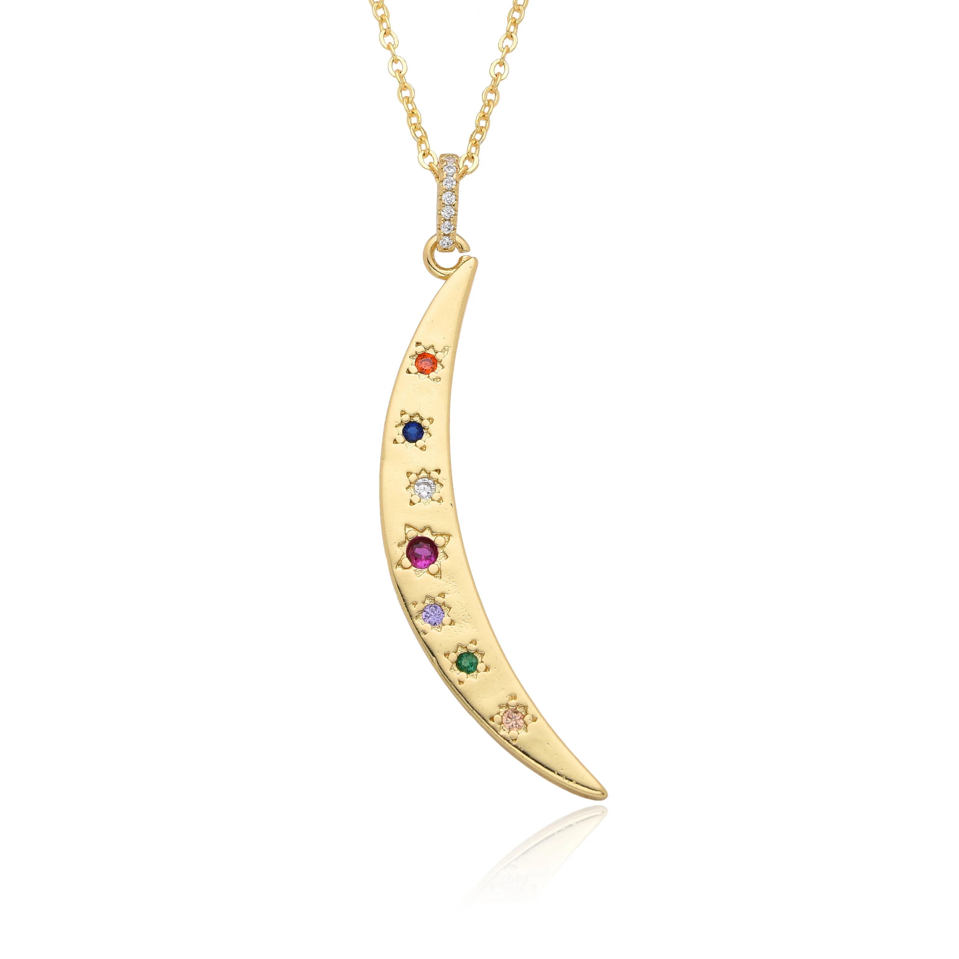 Gold Color Crescent Moon Necklace for Women Men Colored Cubic Zirconia Star Charms Clavicle Chain Pendant DIY Jewelry Accessory