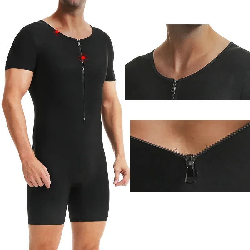 GUUDIA Sweating Bodysuits Men Sauna Sweat Shapewear Short Sleeve Men Sauna Suit Zipper Body Shaper Men Sweating Suit Workout