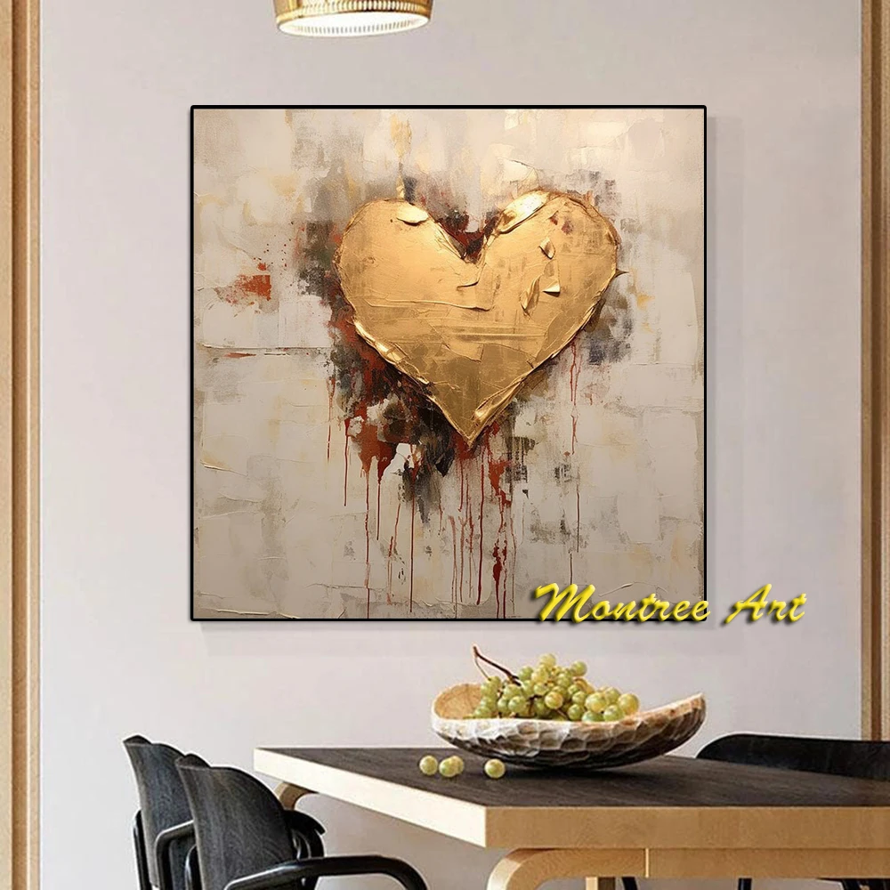 Hand Painted Oil Painting  Abstract Oil Painting Gold Heart wall art Gold butterflies heart Acrylic Wall Decor Living Room Art