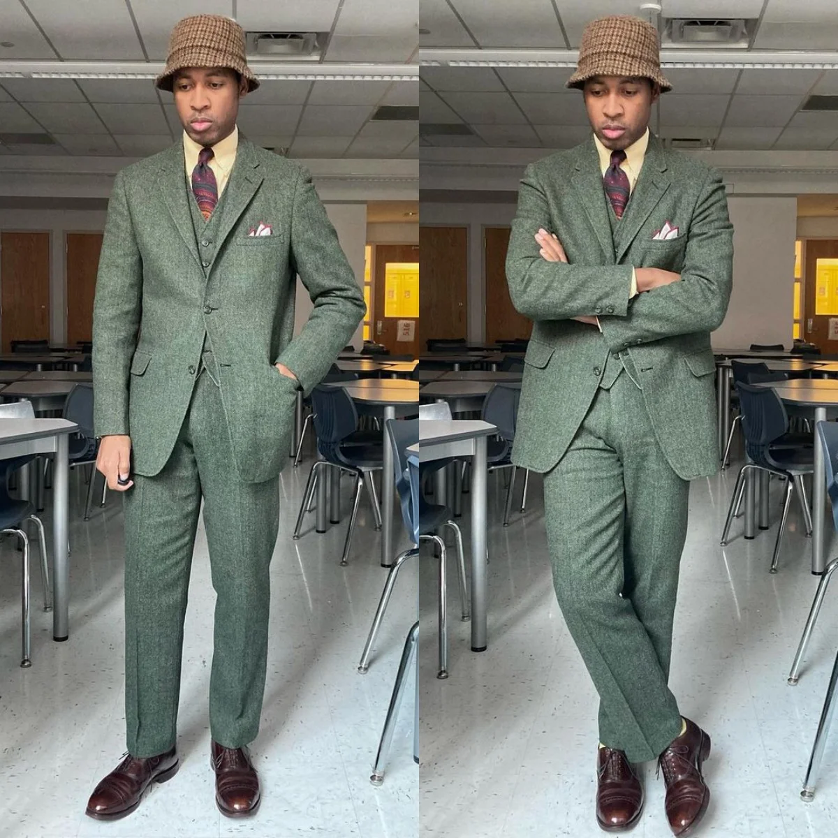 

Tweed Woolen Men Wedding Tuxedos 3 Pieces Thick Peaked Lapel Groom Wear Birthday Party Fashion Show Pants Suits