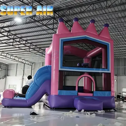 Pink Princess Crown Bounce House with Slide, Commercial PVC Inflatable Castle for Kids Party, with Blower
