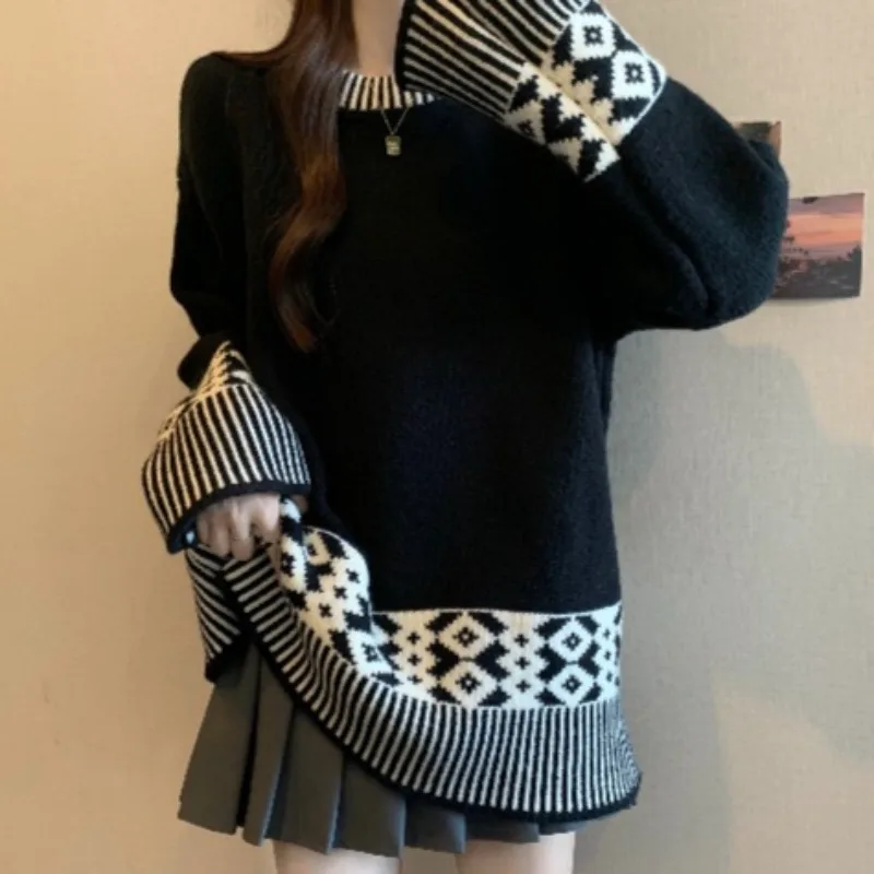 Pullovers for Women Knitted Panelled Ins O-neck Soft Loose Fit All-match Comfortable Casual Vintage Autumn Winter Sweaters Chic