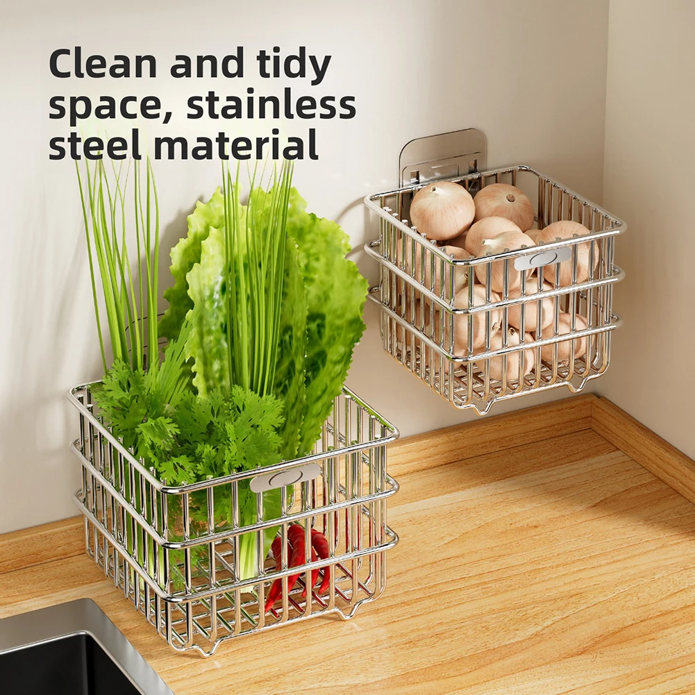 Stainless Steel Hanging Fruit Basket Kitchen Onion Potato Storage Bin Ventilated Wire Design Wall Storage Organization