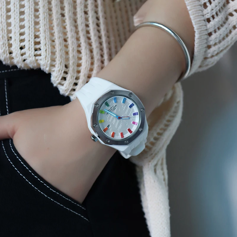 Italian Brand Fashion Casual Rainbow Scale Silicone Strap Watch for Women Men 30M Waterproof Calendar Display Quartz Wristwatch
