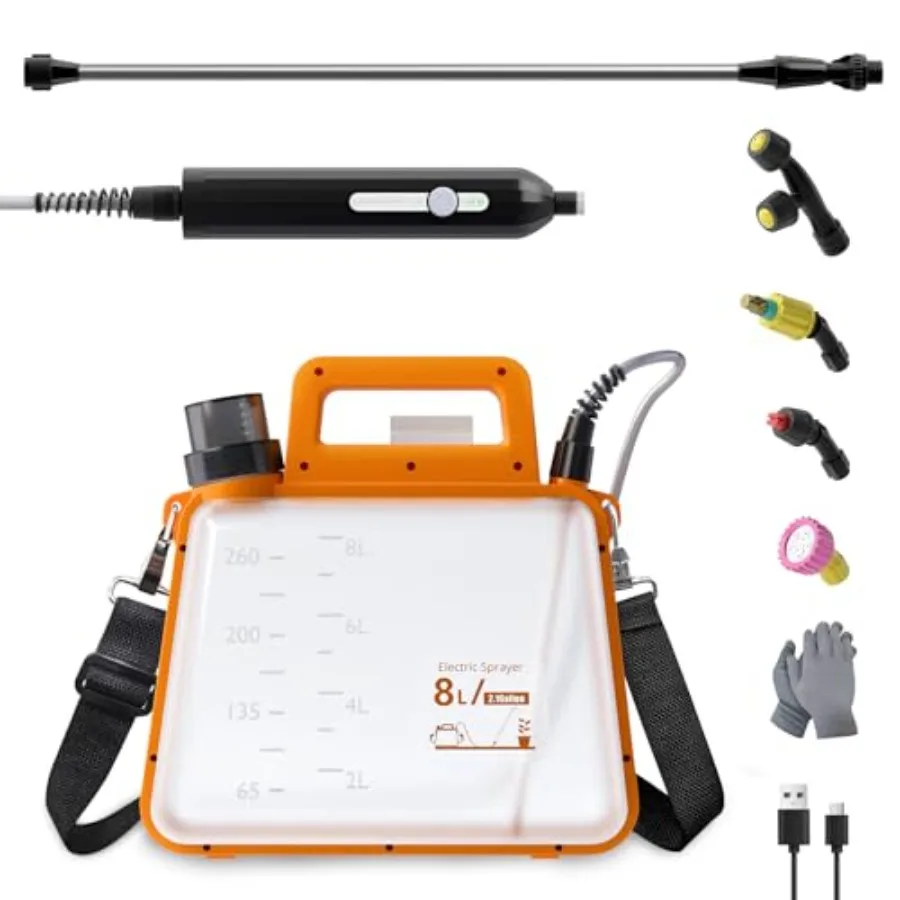 

Battery Powered Garden Sprayer 2.1 Gallon 2500mA Electric Weed Sprayer with Rechargeable Handle 4 Mist Nozzles 37" Retractable