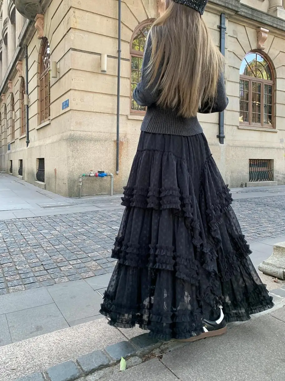 Spring Autumn Korean Version of Black Gentle Heavy Industry Lace Skirt Sweet Girl High Waist Versatile A-line Time Cake Skirts - Image 3
