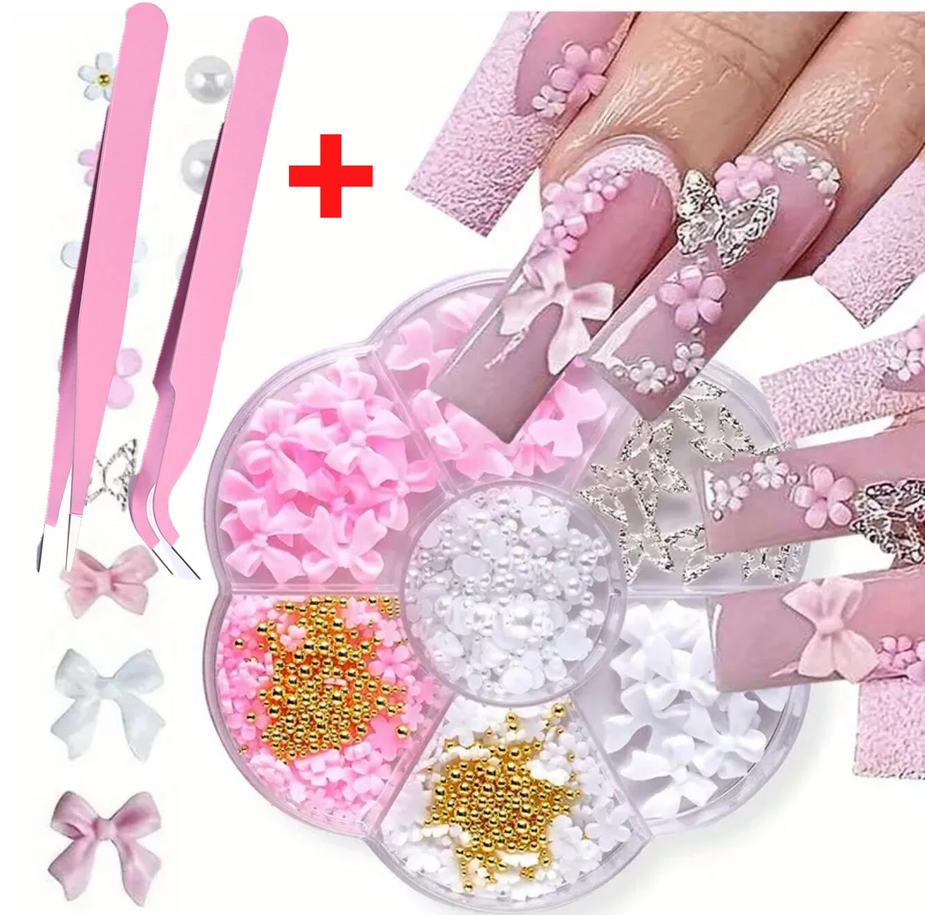 7Grids Valentinstag 3D gemischte Blumen und Schleife Nagel Charms 2 Stück Pinzette Pick Blumen Nail Art 3/6/9 mm Harz Blumen Nagel Kit