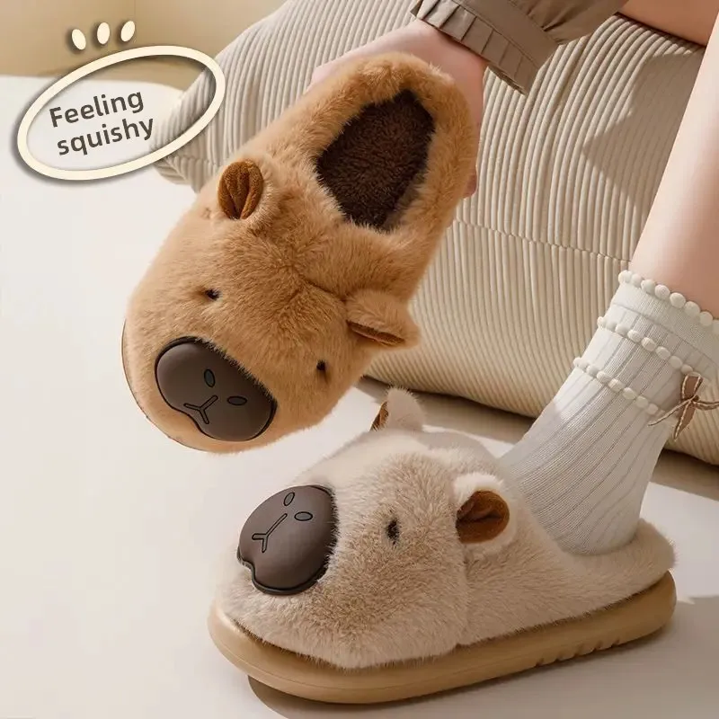 Zapatillas de interior para el hogar para mujer, pantuflas de algodón cálidas de felpa con parte inferior gruesa para otoño e invierno, zapatos sin cordones de piel de capibara cómodos
