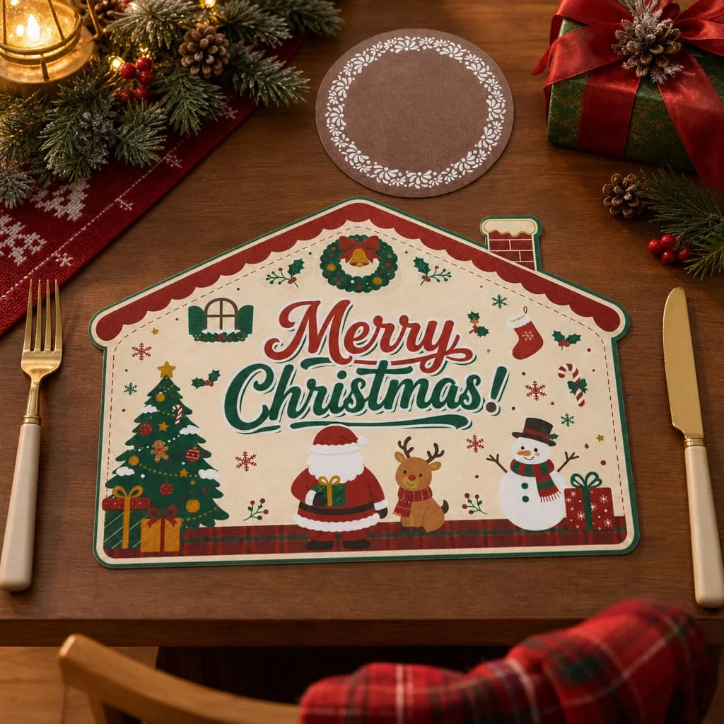 16/24pcs Christmas house modeling paper placemats coasters, holiday shaped dining table decorative mats, Christmas parties.
