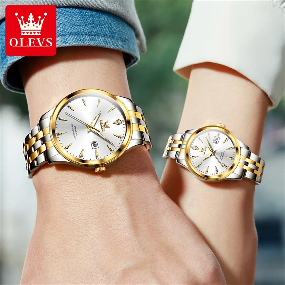 OLEVS 5598 Couple Watch Luxury Brand Waterproof Quartz Watch Fashion Diamond Calendar Date Week His and Her Couple Watch Gift