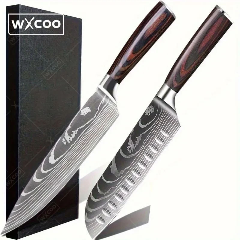 

2 Pcs Kitchen Knife Set, 8" chef knife, 7" santoku knife, Ergonomically Pakkawood Handle, Japanese Knife Set