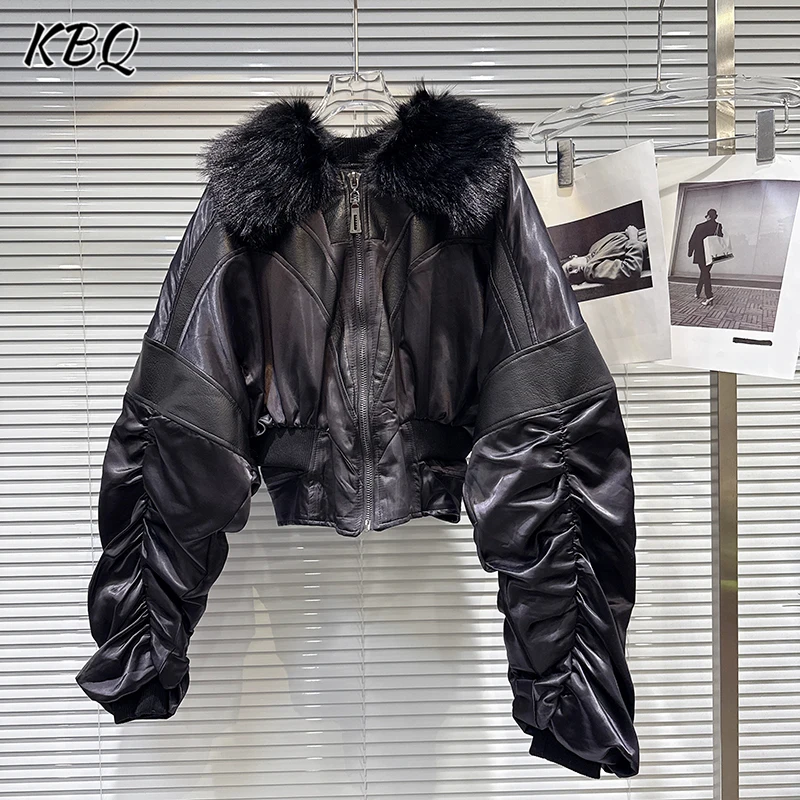 

KBQ однотонные свободные куртки из искусственной кожи с перьями для женщин, хлопковая повседневная куртка с круглым вырезом и длинными рукавами, женская модная осенняя куртка