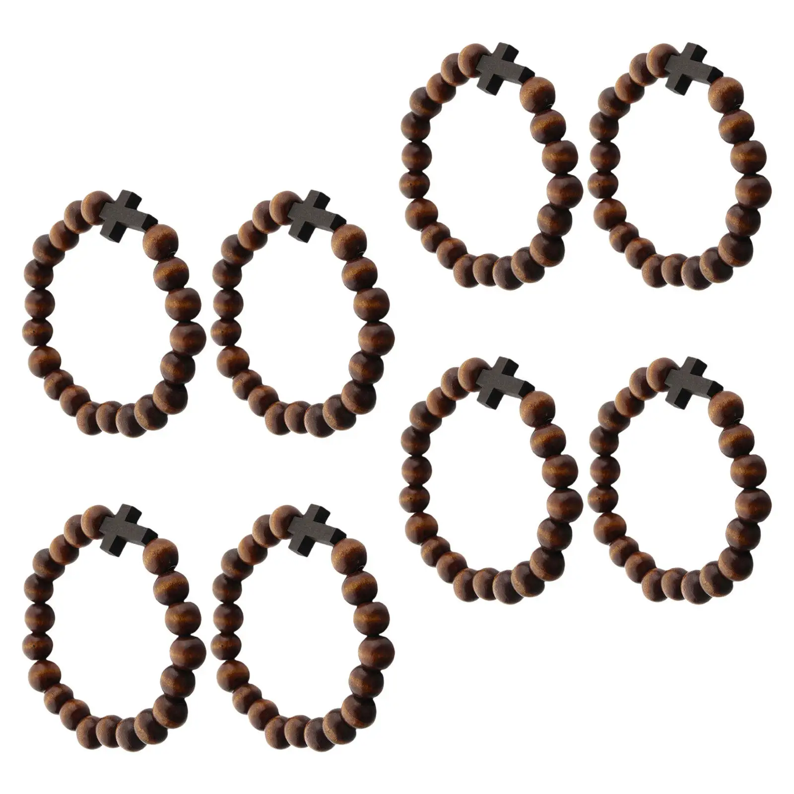 8Pcs Wooden Cross Bracelet Elastic Beaded Prayer Devotional Faith Jewelry Religious Men's Women's Christian Gift