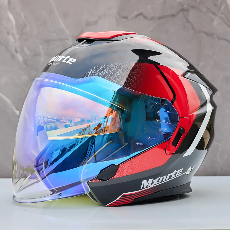 

Double Lens Half Helmet Mxnrte Dark Red Motorcycle Helmet Off-Road Safety Helmet DOT Approved Casco Casque Men and Women