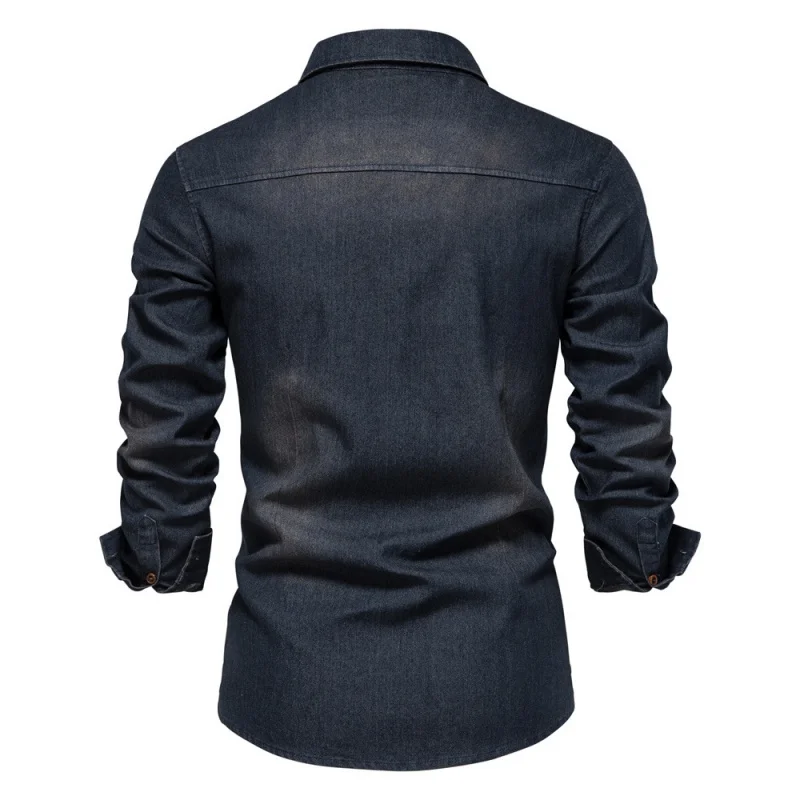 2022 Spring Foreign Trade Cross-Border New Arrival Denim Shirt Men's Casual Solid Color Double Pocket Men's Long Sleeve Shirt