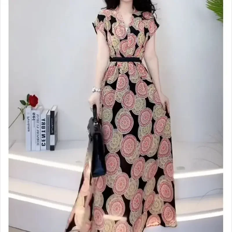 แฟชั่นดอกไม้พิมพ์ชุดยาวผู้หญิงลําลองหลวมชายหาดบางชุดเอวสูง LACE-Up เสื้อผ้าหญิง