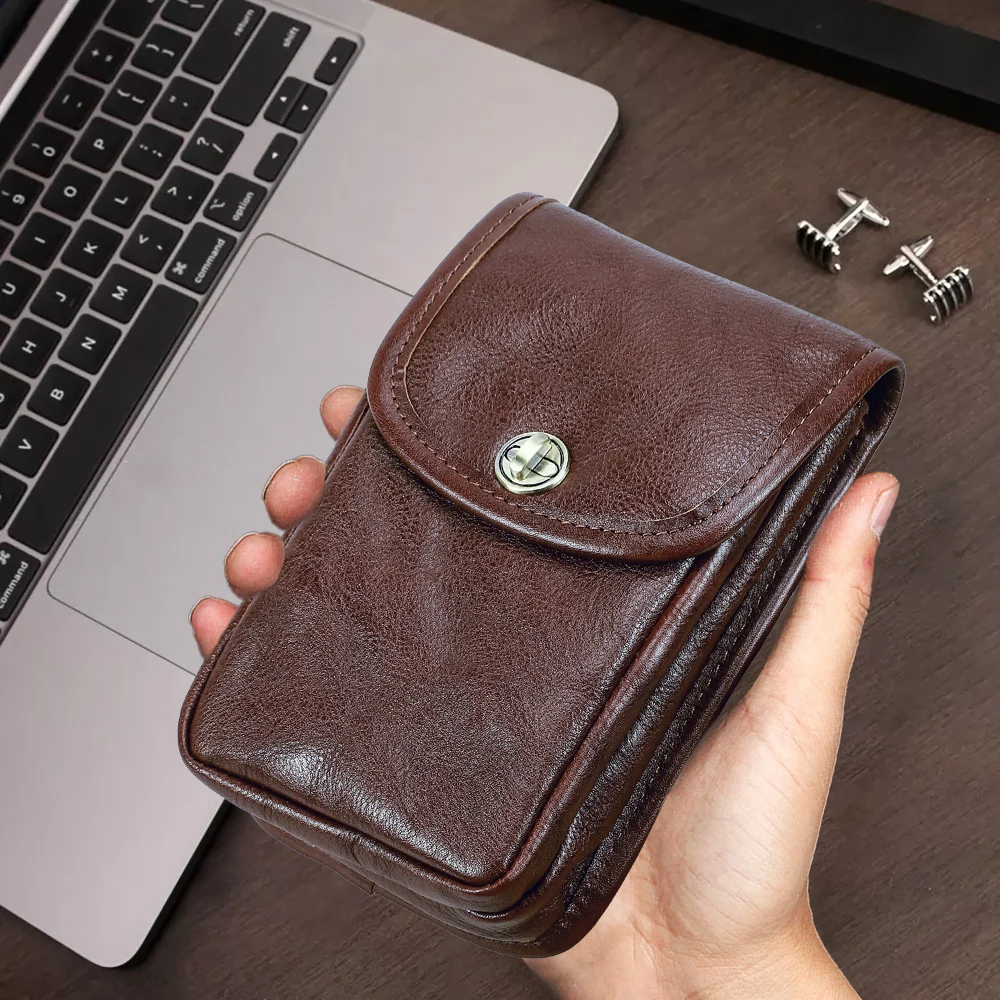 CONTACT'S Genuine Leather Men Waist Phone Pouch Luxury Washed Leather Waist Packs Vertical Belt Bum Bag for 6.9