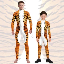 Hallowen Tiger Cosplay Costume Animal 3D Printed Parent-Child Whole Costume Long Sleeves Bodysuit Zentai Suit Party Clothing