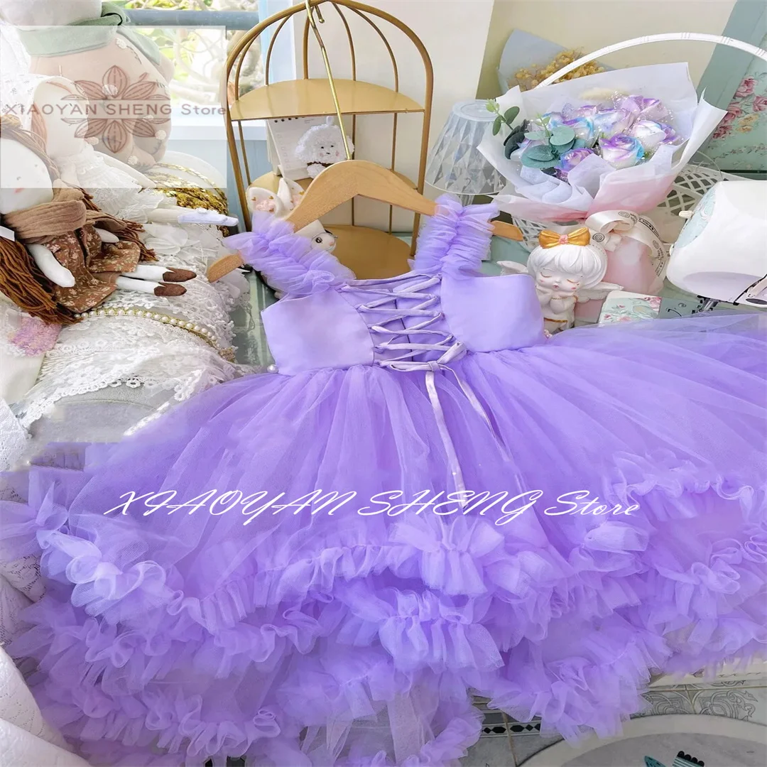 Purple Puffy Flower Girl Dresses With Pearls Ruffles Ankle Length Kids Birthday Suspender Gown Pageant First Communion Wear