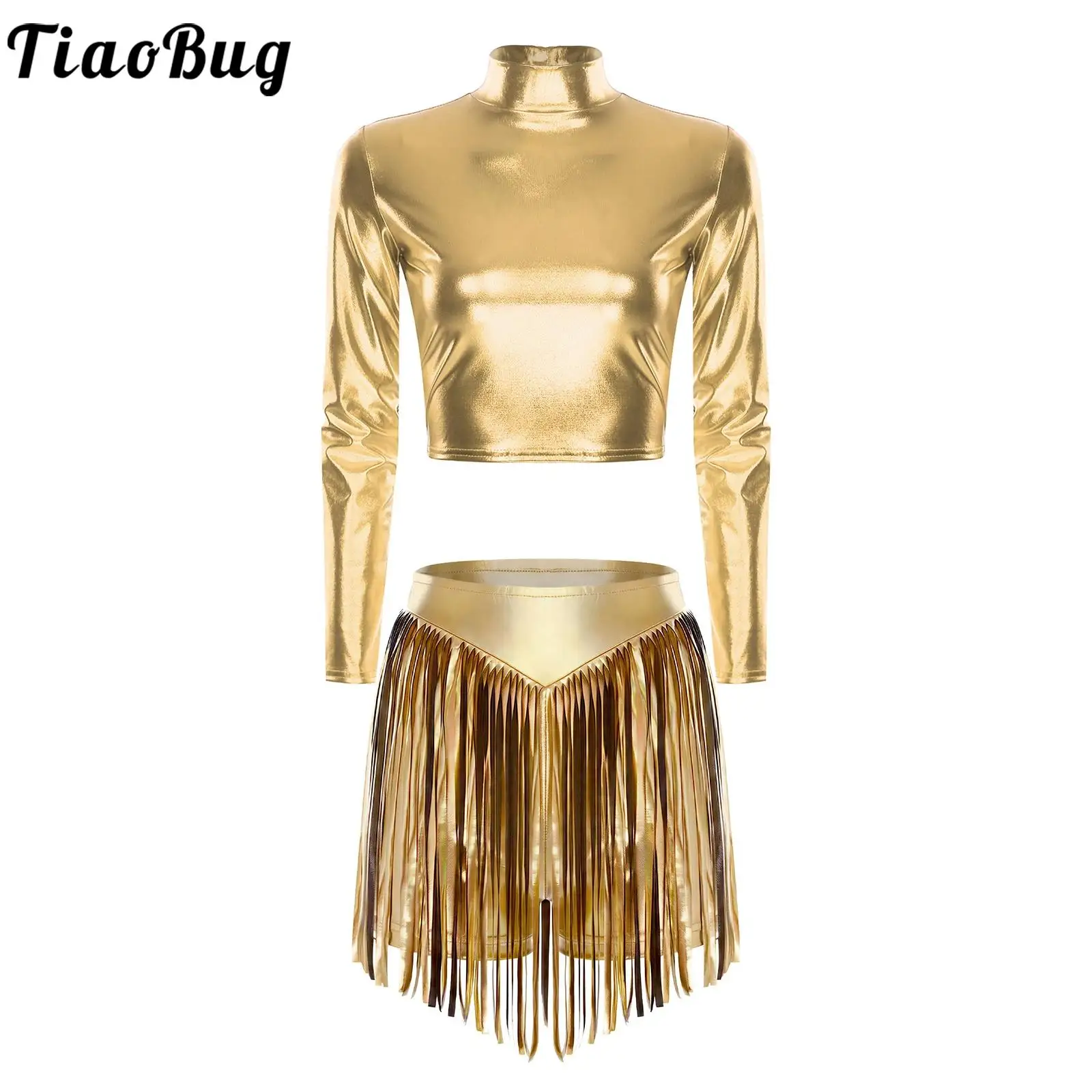 أزياء نسائية لامعة لرقص الجاز اللاتينية السالسا التانغو طقم ملابس حفلات الهذيان ملابس رقص بأكمام طويلة وتنانير قصيرة مهدب