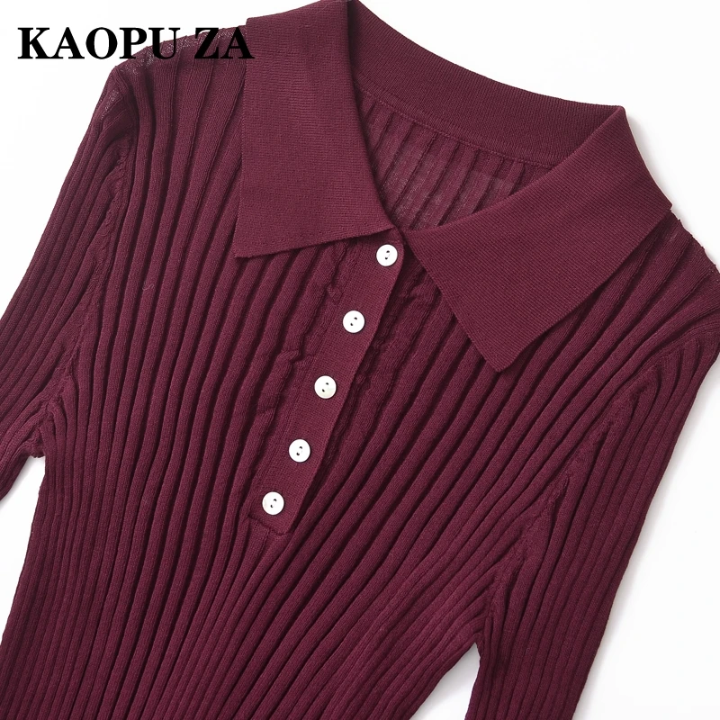 KAOPU ZA 2024 Woman\'s Autumn Casual Knit T Female Vintage Turn Long Sleeve Thin Sweater Slim Solid Color Bottoming Shirt Top