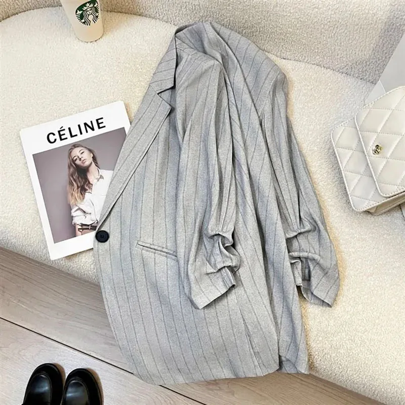 2026 New Summer Gray Striped Long Sleeves Blazer Women Korean Fashion Casual All-match Suit Jacket Female Outwear Jacket