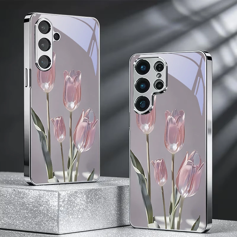 Crystal Pink Tulip Floral Electroplated Silver Phone Case For Samsung A34 A54 A15 A35 A55 A06 A16 A36 A56 A07 A17 A37 A57 Cover
