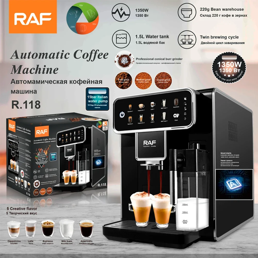 RAF Smart 5 In 1 Fully Automatic Programmable Americano Latte Cappuccino Espresso Coffee Machine With Built-In Beans Grinder