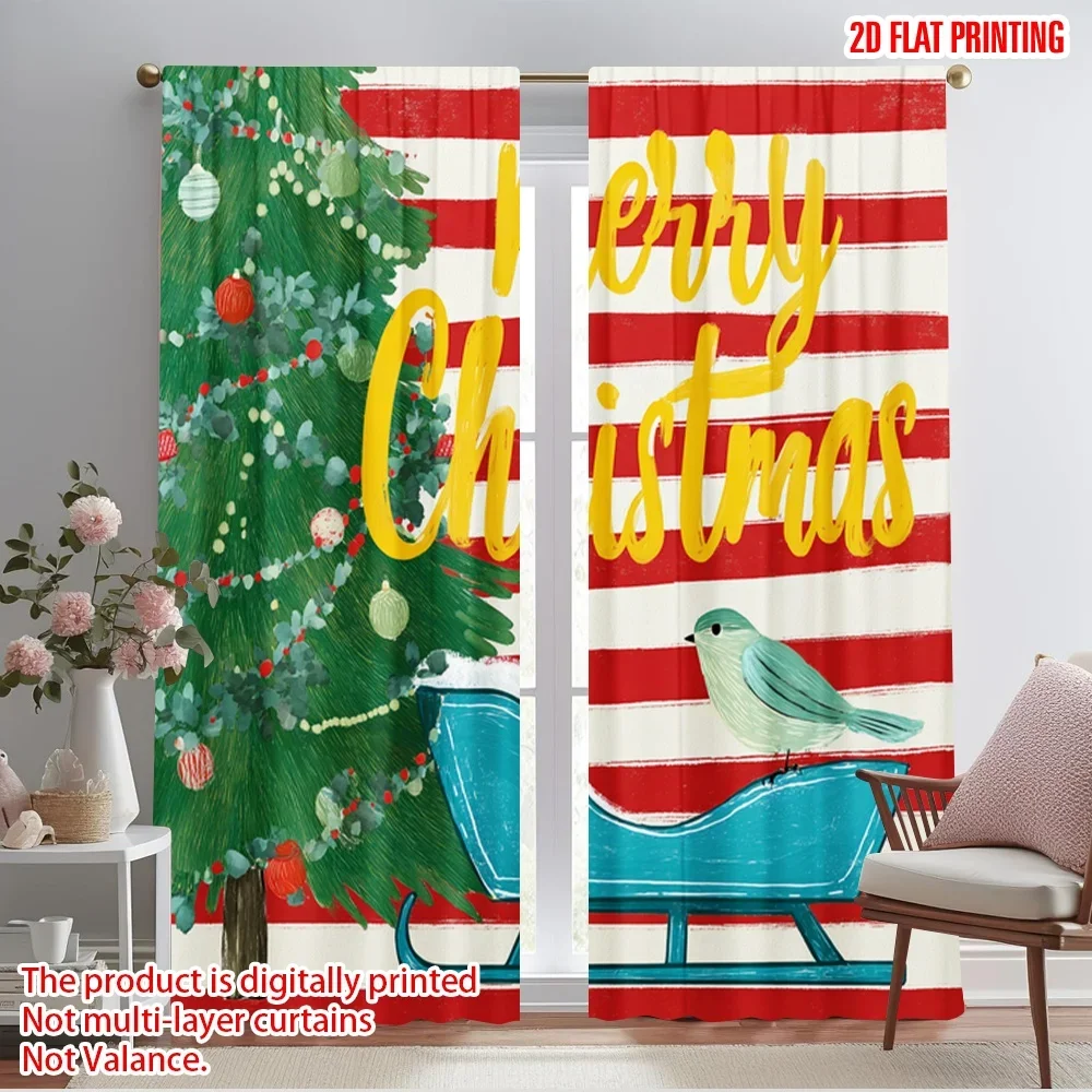 

2pcs,2D plane printing Window Curtain Xmas Tree_ Red & White Stripes_ Golden Dots & Birds Durable 100% Polyester Fabric (without