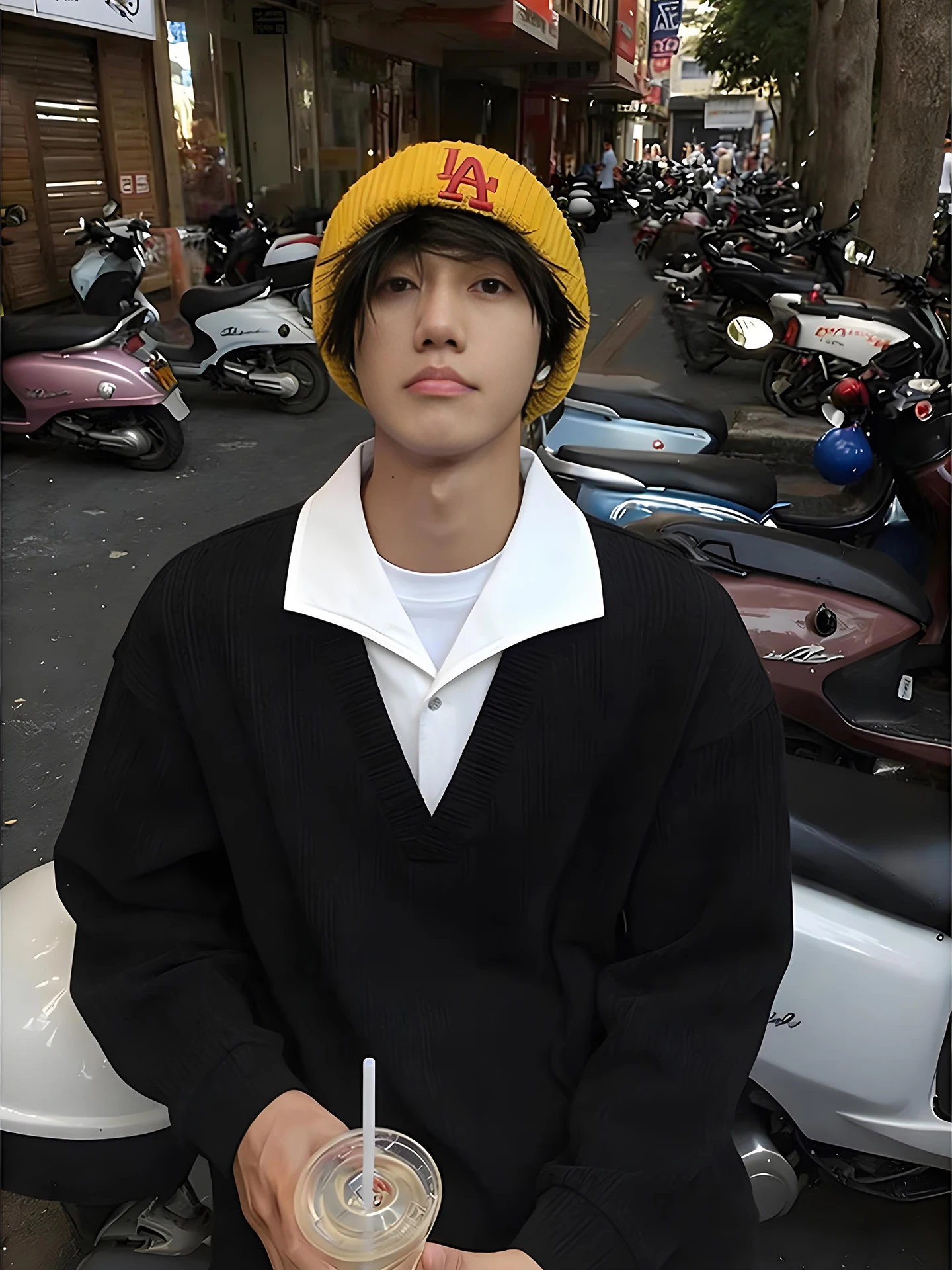 

Bla Sweatirt Men's Spring Autumn Wheat Ear Pattern American Retro Jaet High-End Base irt Long Sve Button Closure