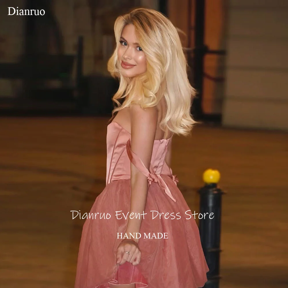 

Dianruo Satin Tulle A Line Prom Dress Off Shoulder Pleated Cocktail Dresses Mini Length Sleeveless Homecoming Dresses Customized