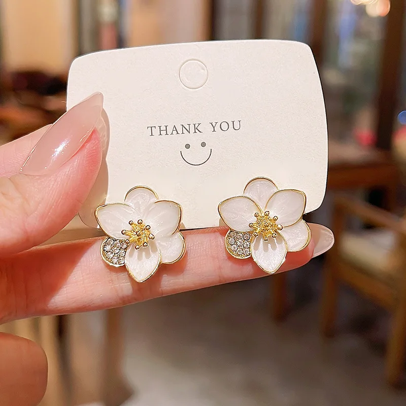 Unique Blooming Lotus Stud Earrings for Women Crystal Enamel Petal White Flower Earrings Wedding Party Sweet Cute Jewelry Gift