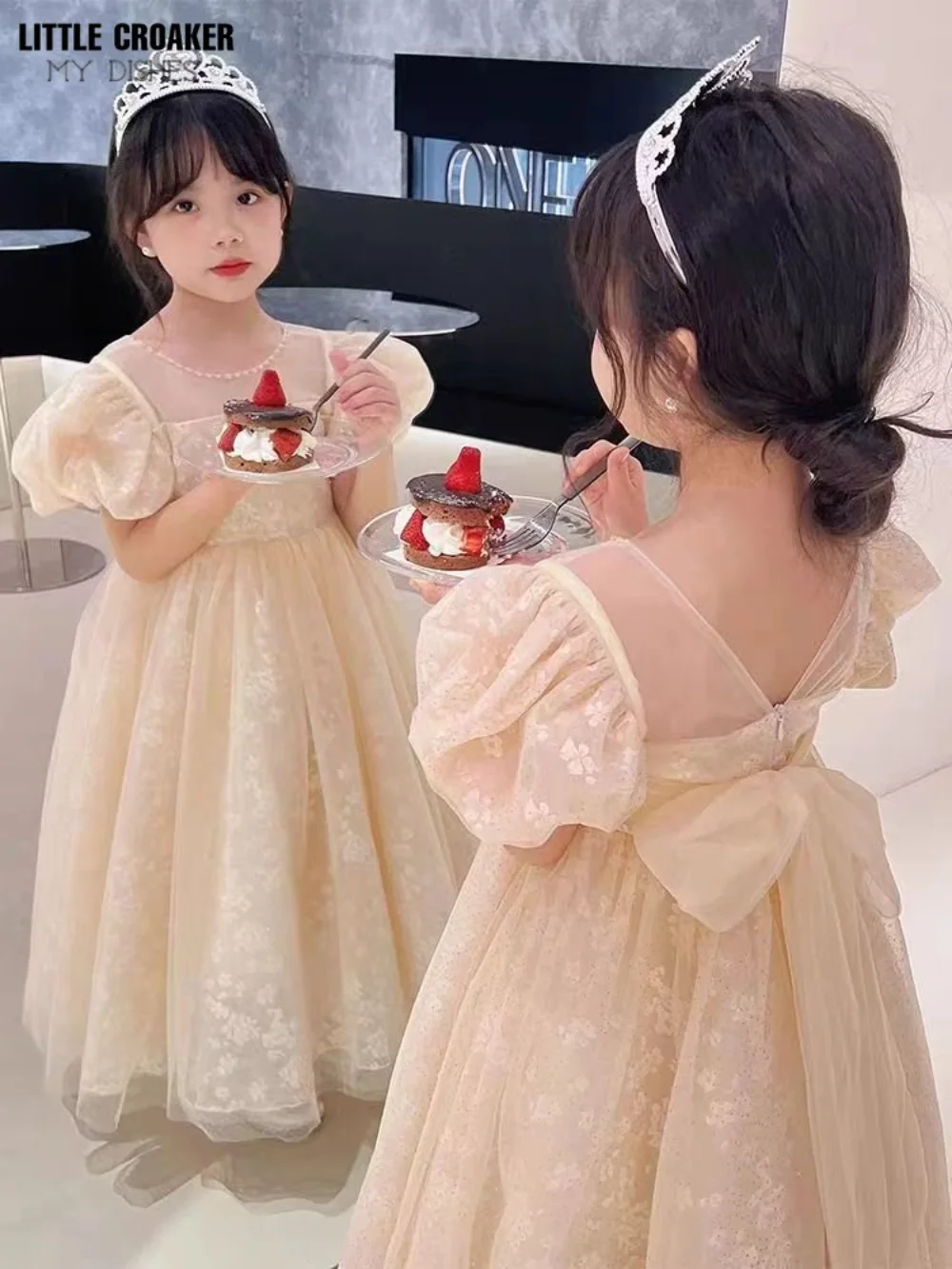 Puff Sleeve Flower Girl Dress Baby Kids Summer Princess Party Mesh Lace Wedding Birthday Dresses Children Clothing 3 4 6 8 10 11