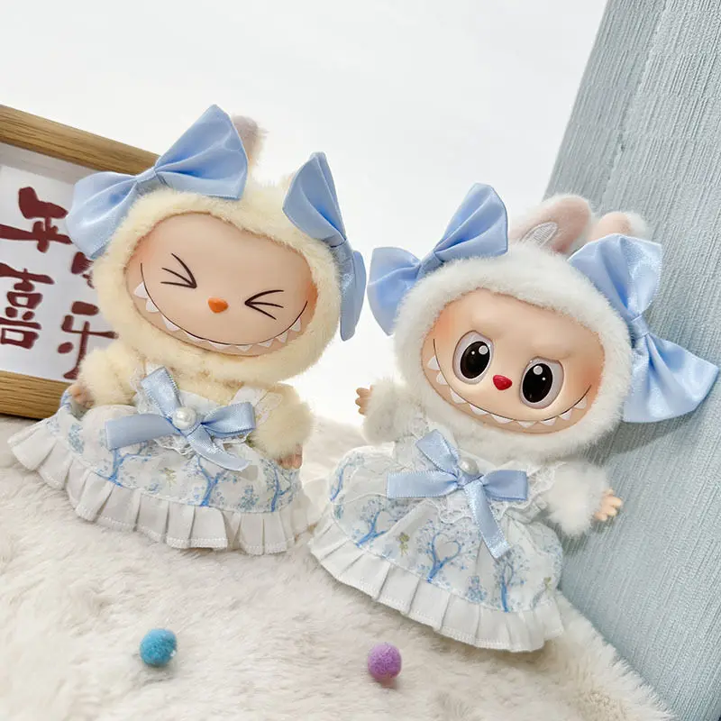 

15CM/17CM Doll Clothes Accessories Suitable for Labubu V1 V2 V3 Cute Trendy Blue Dress Bow Hairpin Suit Only Clothes No Dolls
