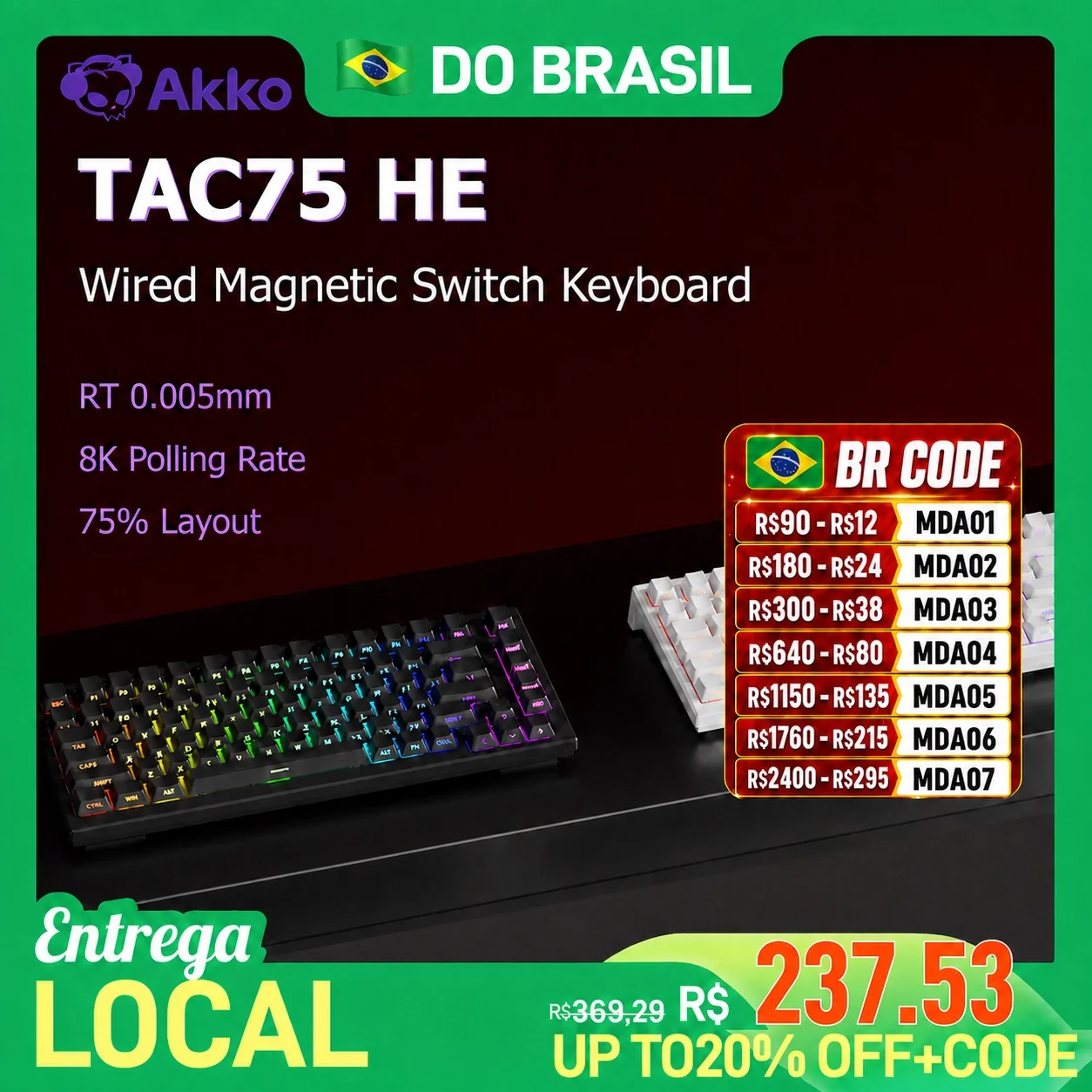 Teclado Magnético Akko TAC75 HE 75% com Gatilho Rápido de 0,005mm, RGB, Taxa de Polling de 8K, Teclado Mecânico com Fio para Jogos Esportivos para Gamers