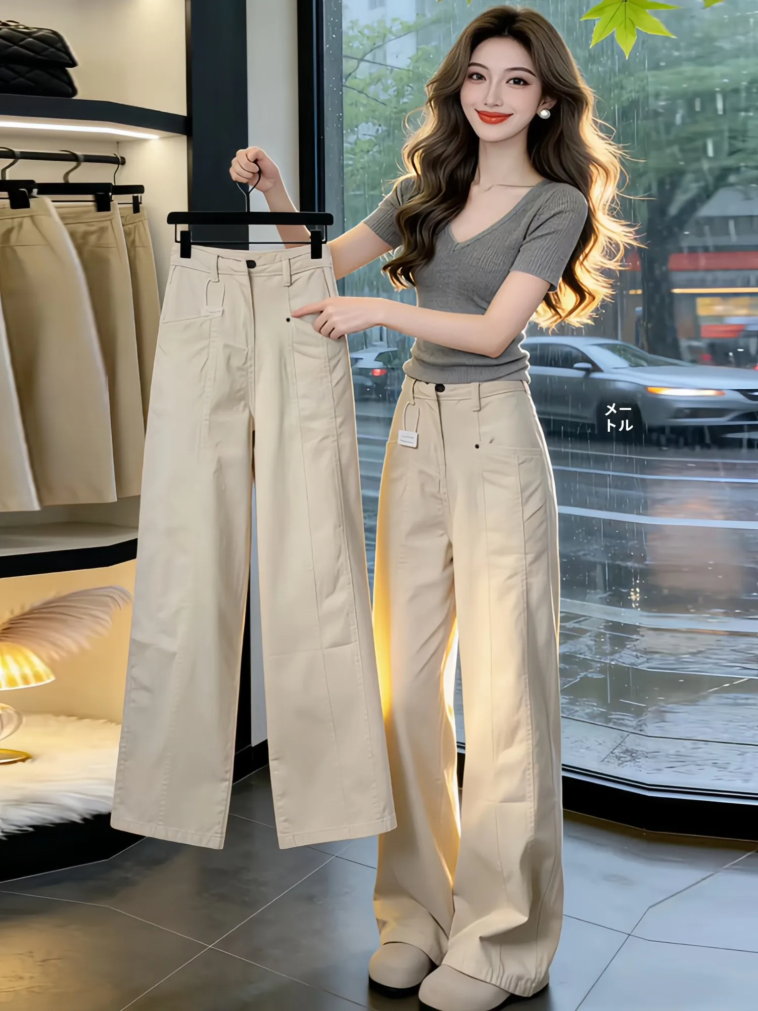 Cherish High Waist Straight Leg Wide Leg Pants Women's Fashionable Slimming Trousers Casual Cargo Pants in Apricot Color