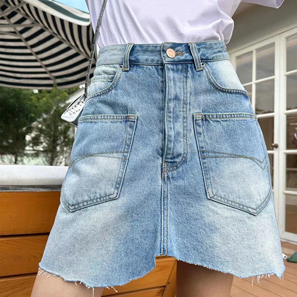 

NIGO Women's Summer Blue Mid Waist Pocket A-line Skirt Vintage Irregular Denim Half Skirt Ngvp #nigo6134