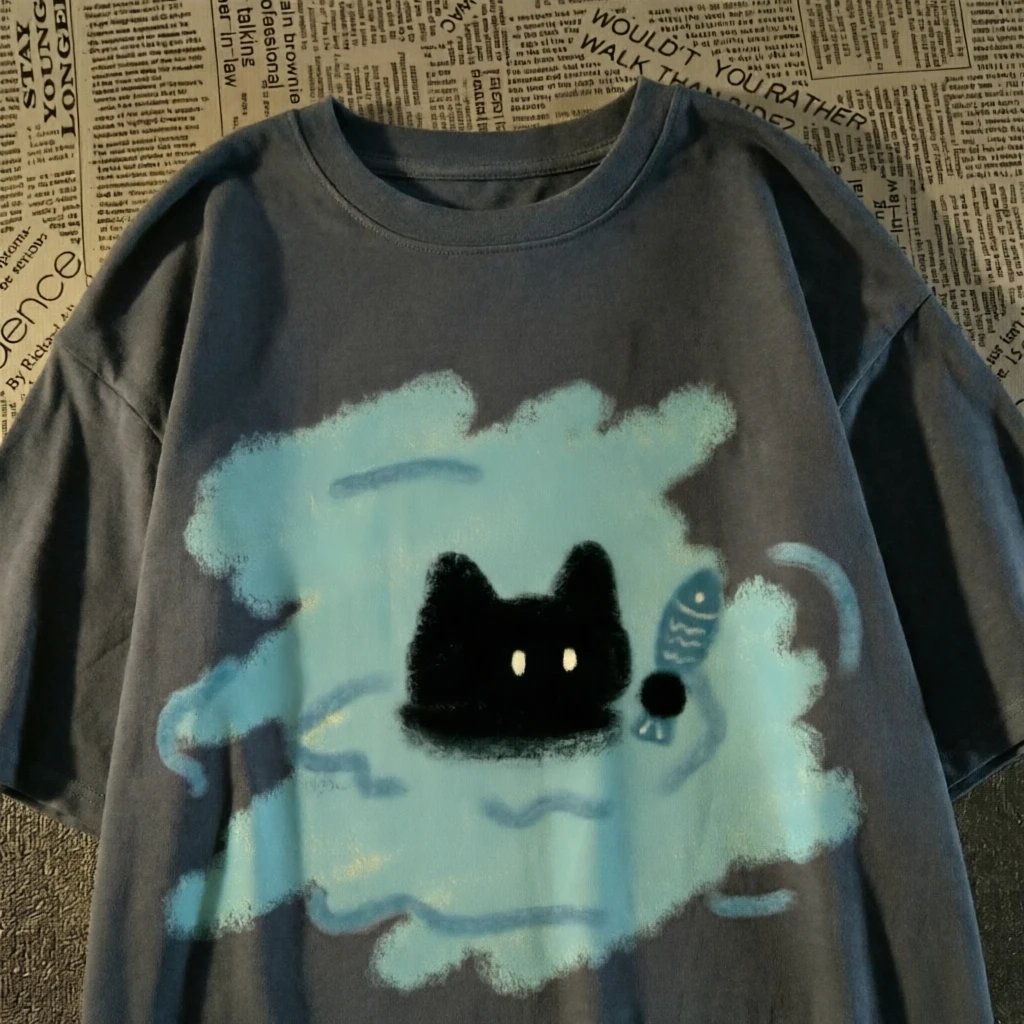 Short-sleeved Summer T-shirt Pure Cotton 2026 New Versatile Bath Small Black Cat Men's and Women's High-end Top T