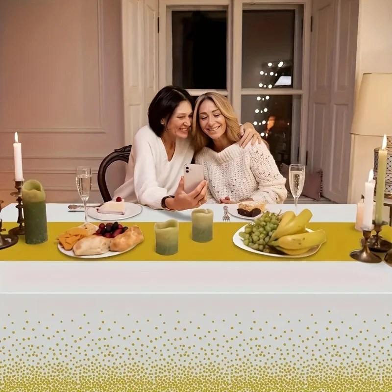 Elegant White Gold Disposable Plastic Tablecloth for Wedding Birthday Party Festival Table Cover Decor