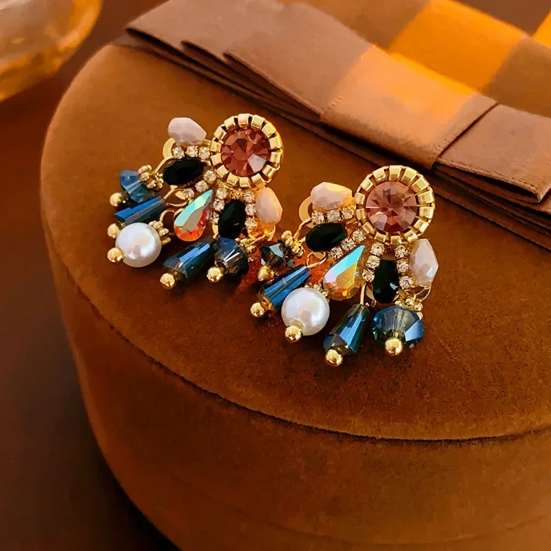 Vintage Colorful Rhinestone Water Drop Earring for Women Imitation Pearl Crystal Beads Earrings with Tassel Ear Jewelry K-
