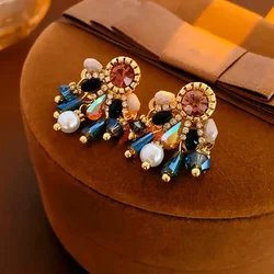 Vintage Colorful Rhinestone Water Drop Earring for Women Imitation Pearl Crystal Beads Earrings with Tassel Luxury Ear Jewelry