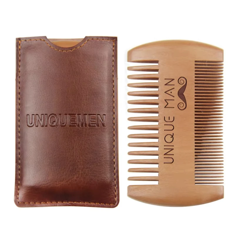 Natural Wood Hair Brush Beard Comb with PU Leather Case Anti-Static Mustache Pocket Comb Brushing Hair Care Tools for Men Gift